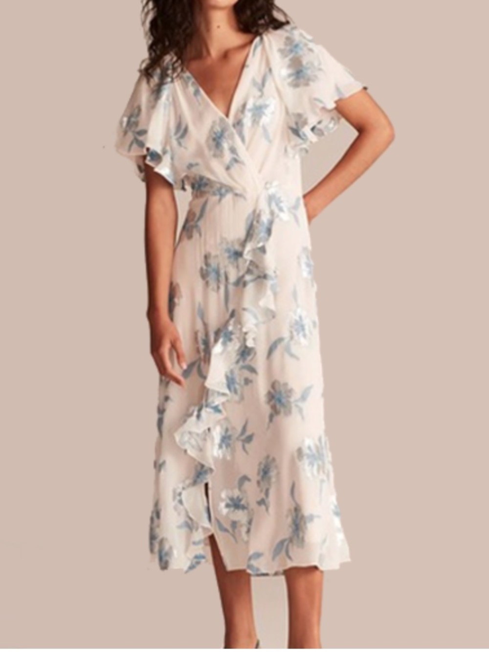 Rebecca Taylor Metallic Fleur Silk Silver Floral Ruffle Midi Dress Size 10